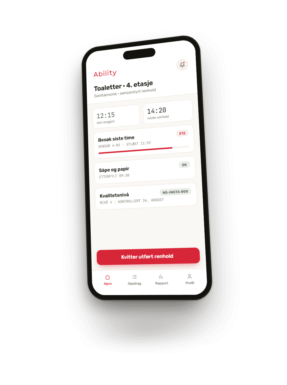 Mobil med Abilitys sanitærsone-app for sensorstyrt renhold
